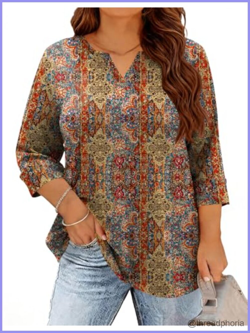 Plus Size Womens V Neck Tunic Top 3/4 Sleeve Loose Fit Blouse Casual Tee XL-5X